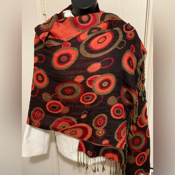 Pashmina Silk Scarf Wrap Stole Shawl Warm Cozy Gift Circle Pattern Fall Colors - Picture 1 of 16